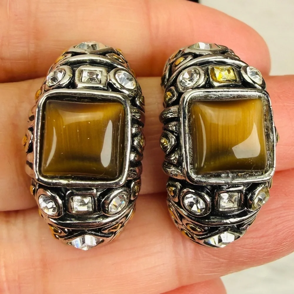 Vintage weighted, Silvertone, goldtone, bling half hoop pierced earrings